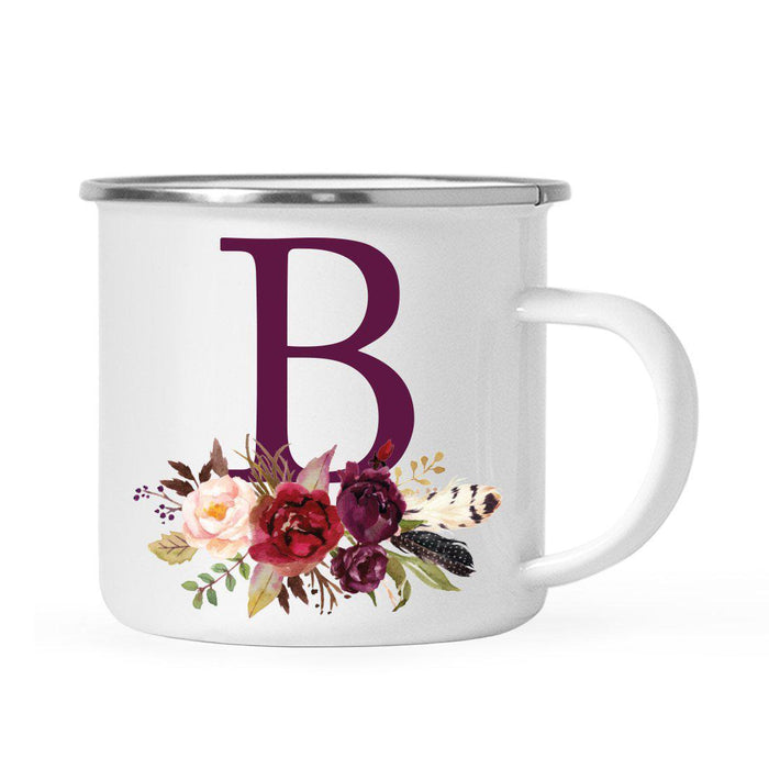 Andaz Press 11oz Bohemian Fall Autumn Burgundy Marsala Floral Flower and Feathers Arrangement Monogram Campfire Coffee Mug-Set of 1-Andaz Press-B-