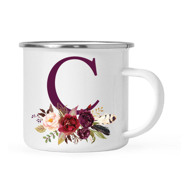 Andaz Press 11oz Bohemian Fall Autumn Burgundy Marsala Floral Flower and Feathers Arrangement Monogram Campfire Coffee Mug-Set of 1-Andaz Press-C-