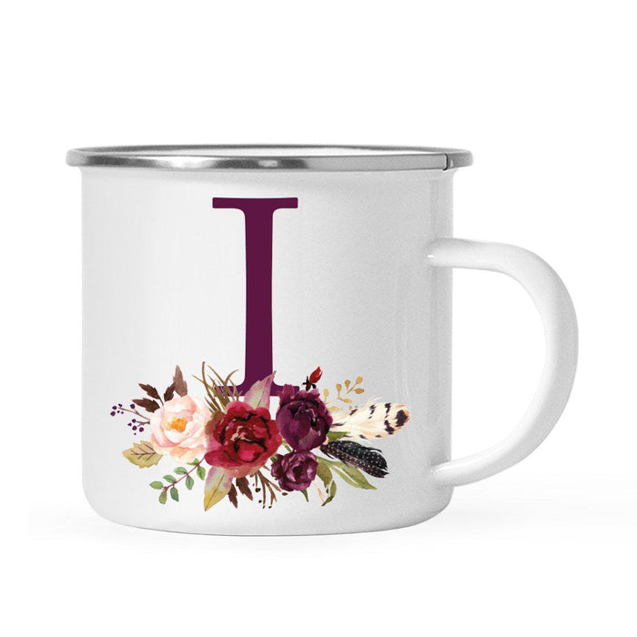 Andaz Press 11oz Bohemian Fall Autumn Burgundy Marsala Floral Flower and Feathers Arrangement Monogram Campfire Coffee Mug-Set of 1-Andaz Press-I-