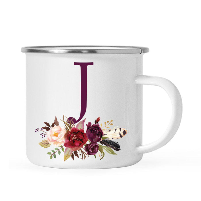 Andaz Press 11oz Bohemian Fall Autumn Burgundy Marsala Floral Flower and Feathers Arrangement Monogram Campfire Coffee Mug-Set of 1-Andaz Press-J-