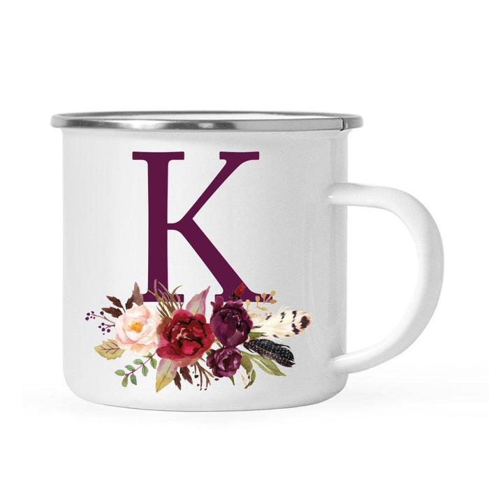 Andaz Press 11oz Bohemian Fall Autumn Burgundy Marsala Floral Flower and Feathers Arrangement Monogram Campfire Coffee Mug-Set of 1-Andaz Press-K-