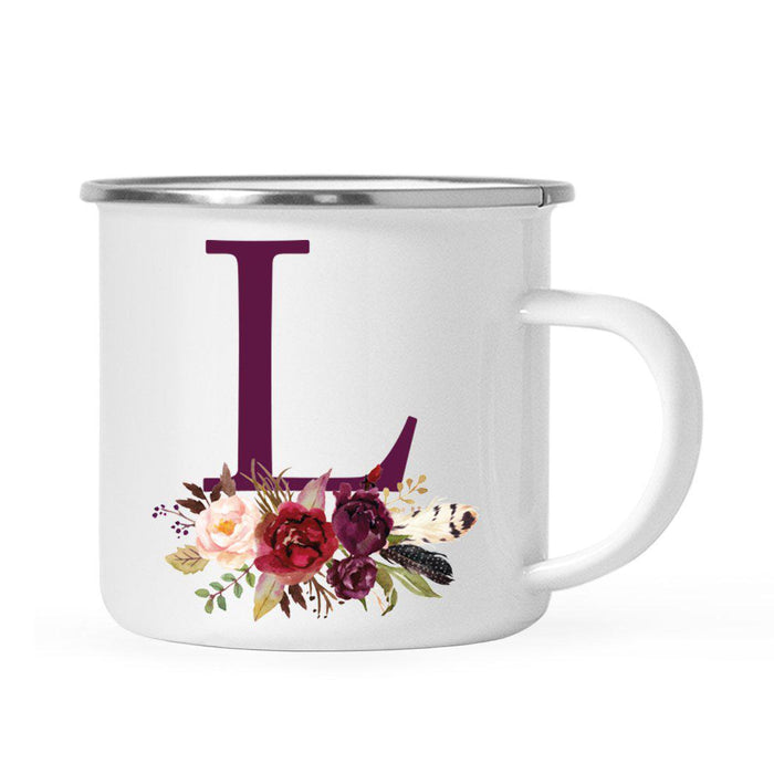 Andaz Press 11oz Bohemian Fall Autumn Burgundy Marsala Floral Flower and Feathers Arrangement Monogram Campfire Coffee Mug-Set of 1-Andaz Press-L-