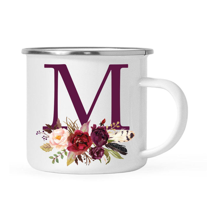 Andaz Press 11oz Bohemian Fall Autumn Burgundy Marsala Floral Flower and Feathers Arrangement Monogram Campfire Coffee Mug-Set of 1-Andaz Press-M-