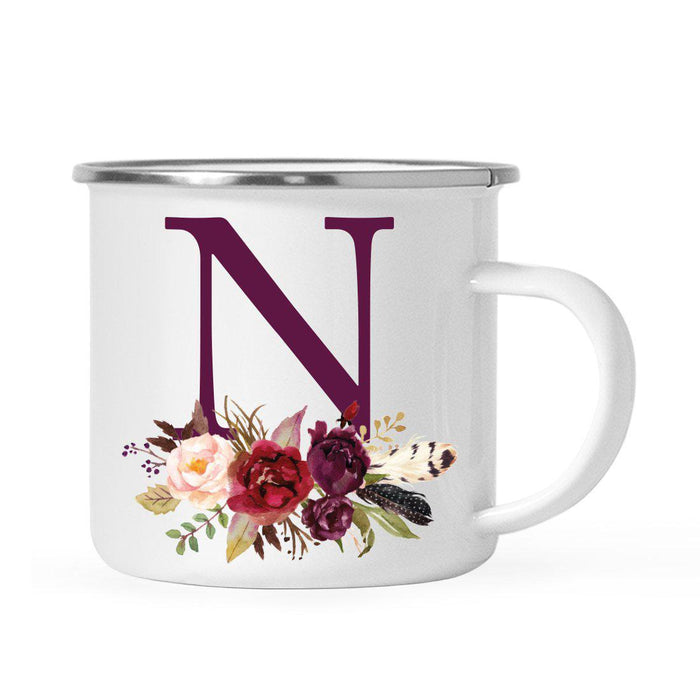 Andaz Press 11oz Bohemian Fall Autumn Burgundy Marsala Floral Flower and Feathers Arrangement Monogram Campfire Coffee Mug-Set of 1-Andaz Press-N-