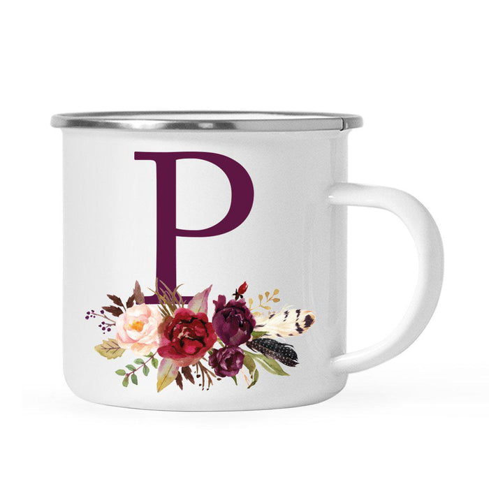 Andaz Press 11oz Bohemian Fall Autumn Burgundy Marsala Floral Flower and Feathers Arrangement Monogram Campfire Coffee Mug-Set of 1-Andaz Press-P-