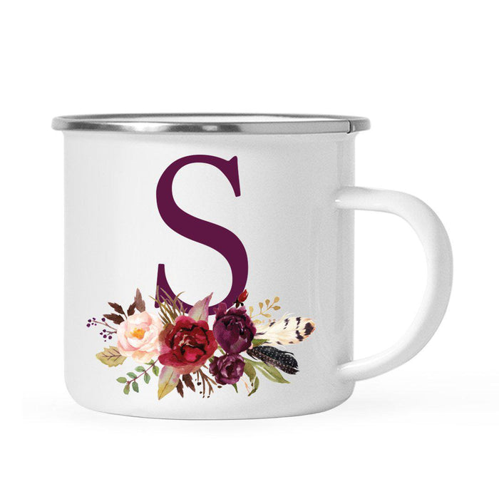 Andaz Press 11oz Bohemian Fall Autumn Burgundy Marsala Floral Flower and Feathers Arrangement Monogram Campfire Coffee Mug-Set of 1-Andaz Press-S-