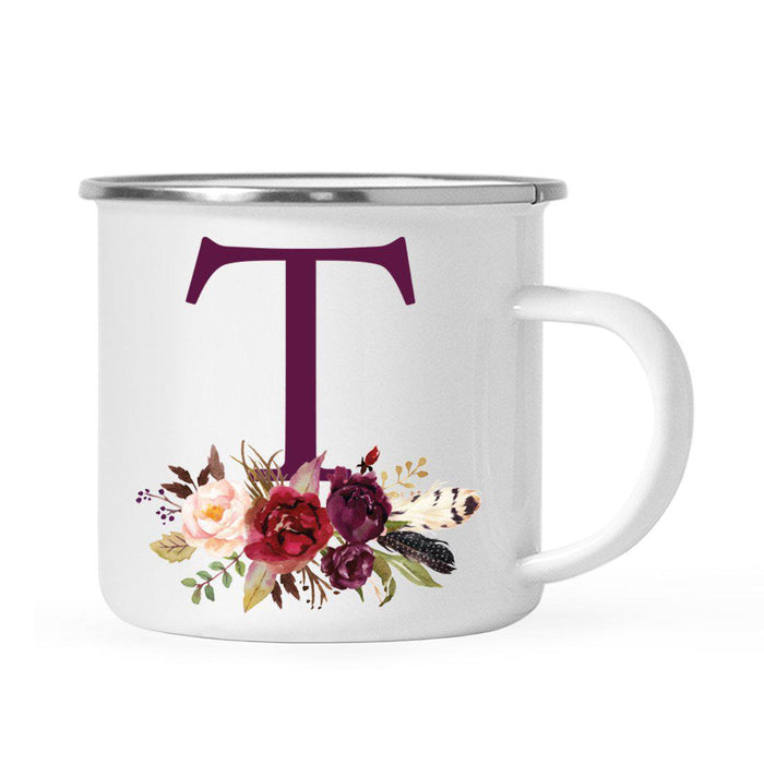 Andaz Press 11oz Bohemian Fall Autumn Burgundy Marsala Floral Flower and Feathers Arrangement Monogram Campfire Coffee Mug-Set of 1-Andaz Press-T-