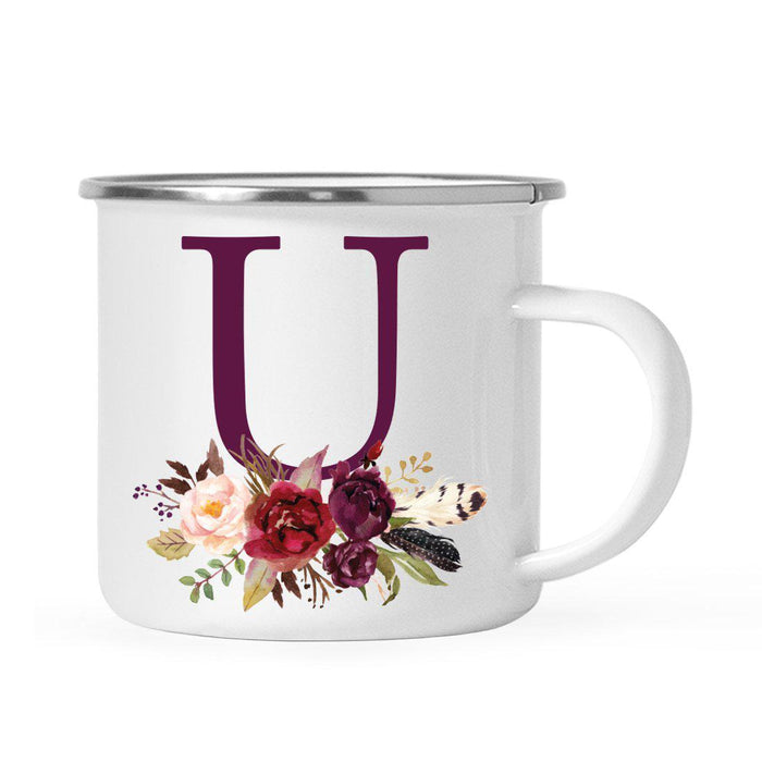 Andaz Press 11oz Bohemian Fall Autumn Burgundy Marsala Floral Flower and Feathers Arrangement Monogram Campfire Coffee Mug-Set of 1-Andaz Press-U-