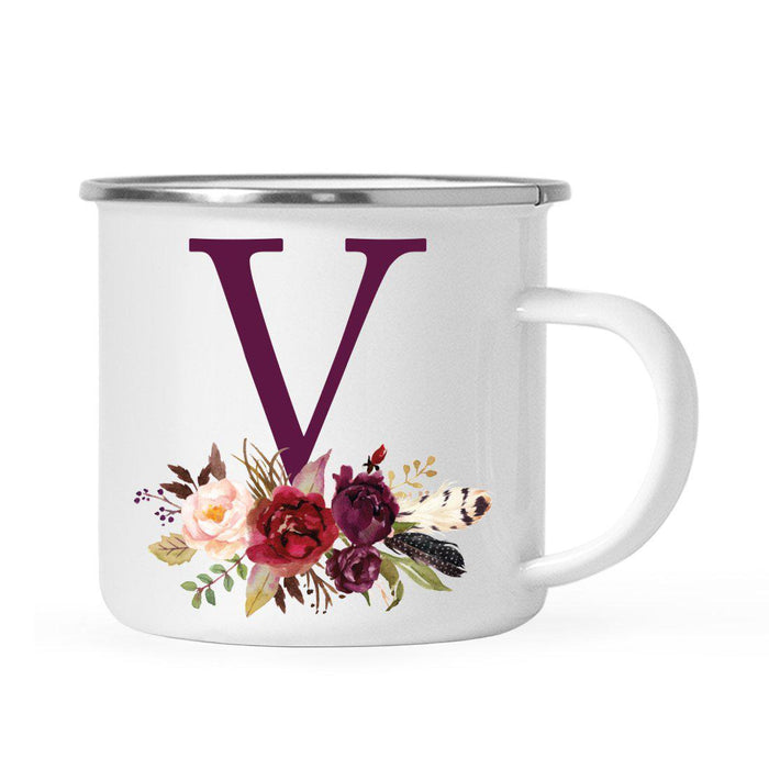 Andaz Press 11oz Bohemian Fall Autumn Burgundy Marsala Floral Flower and Feathers Arrangement Monogram Campfire Coffee Mug-Set of 1-Andaz Press-V-