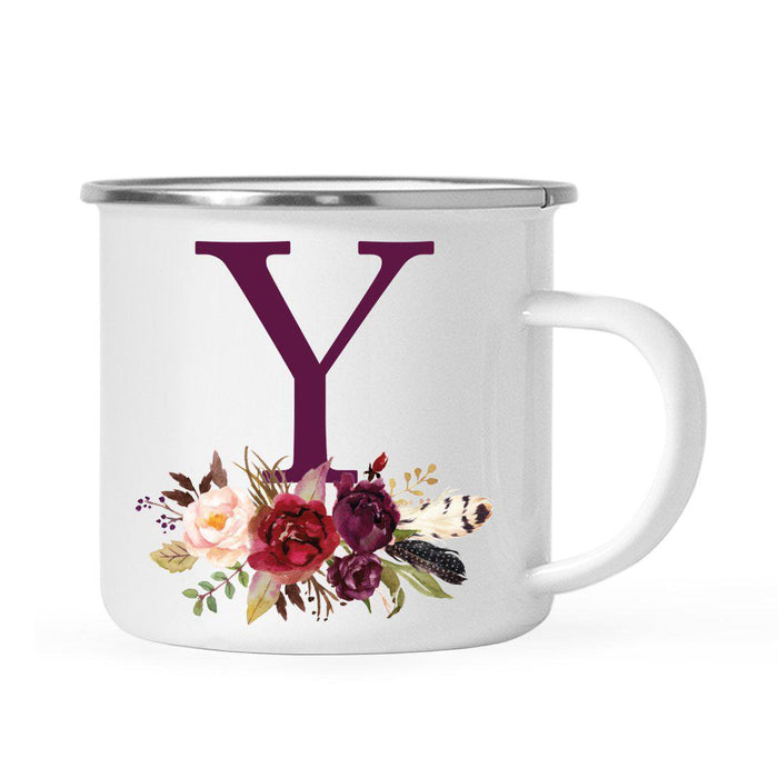 Andaz Press 11oz Bohemian Fall Autumn Burgundy Marsala Floral Flower and Feathers Arrangement Monogram Campfire Coffee Mug-Set of 1-Andaz Press-Y-