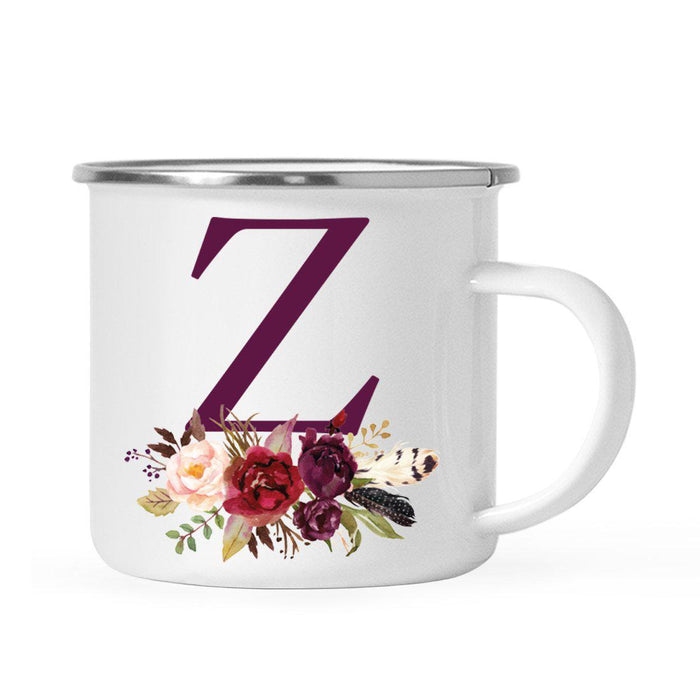 Andaz Press 11oz Bohemian Fall Autumn Burgundy Marsala Floral Flower and Feathers Arrangement Monogram Campfire Coffee Mug-Set of 1-Andaz Press-Z-