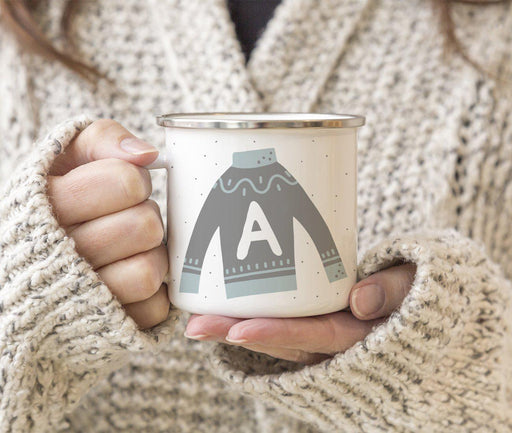 Andaz Press 11oz Gray Blue Ugly Holiday Sweater Monogram Campfire Coffee Mug-Set of 1-Andaz Press-A-