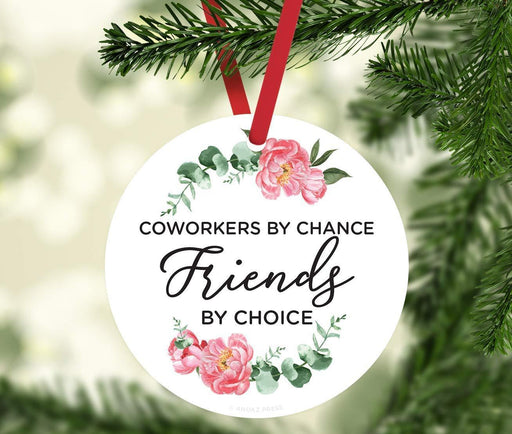 Andaz Press Metal Christmas Ornament, Coworkers by Chance, Friends by Choice, Floral Graphic-Set of 1-Andaz Press-Coworkers by Chance Friends by Choice Floral Graphic-