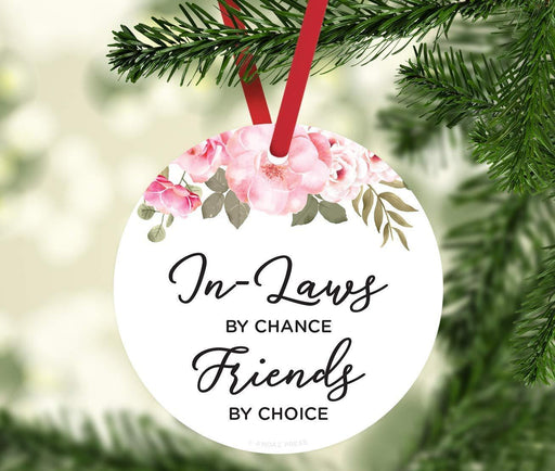 Andaz Press Metal Christmas Ornament, in-Laws by Chance, Friends by Choice, Floral Graphic-Set of 1-Andaz Press-in-Laws by Chance Friends by Choice Floral Graphic-