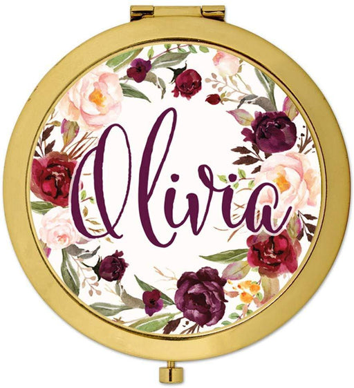 Andaz Press Personalized Marsala Burgundy Maroon Flowers on White Monogram Gold Compact Mirror-Set of 1-Andaz Press-Custom Name-