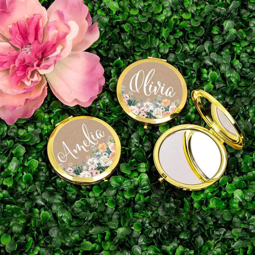 Andaz Press Personalized Peach Flower Florals on Kraft Brown Monogram Gold Compact Mirror-Set of 1-Andaz Press-Custom Name-