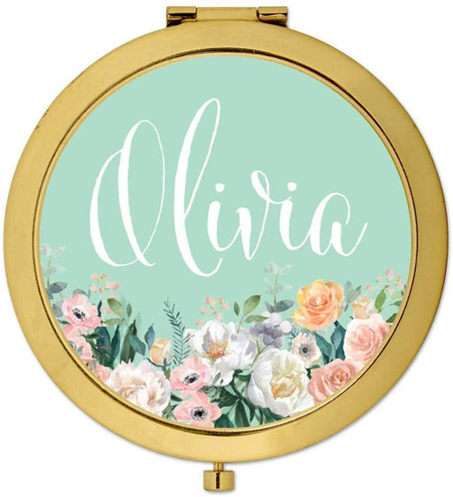 Andaz Press Personalized Peach Flower Florals on Mint Green Monogram Gold Compact Mirror-Set of 1-Andaz Press-Custom Name-