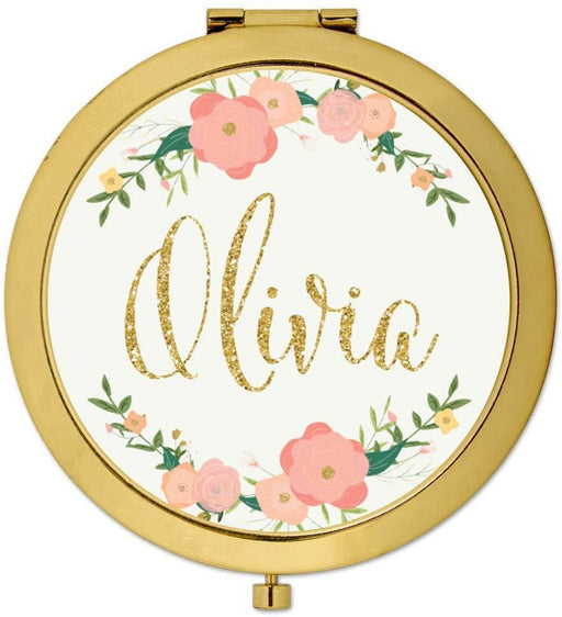 Andaz Press Personalized Peach Pink Florals with Faux Gold Glitter Monogram Gold Compact Mirror-Set of 1-Andaz Press-Custom Name-