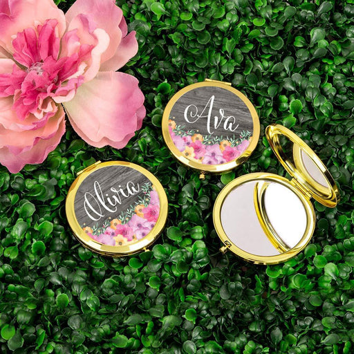 Andaz Press Personalized Pink Floral Flowers on Rustic Gray Wood Monogram Gold Compact Mirror-Set of 1-Andaz Press-Custom Name-