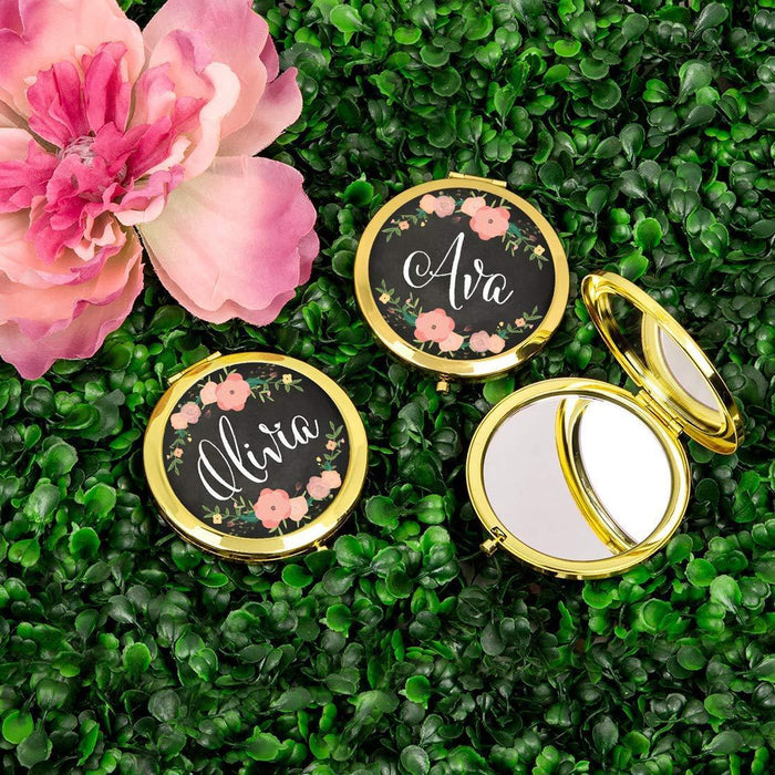 Andaz Press Personalized Pink Peach Florals on Chalkboard Monogram Gold Compact Mirror-Set of 1-Andaz Press-Custom Name-