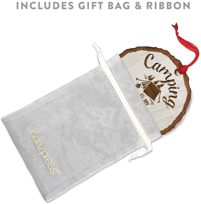 Andaz Press Real Wood Rustic Christmas Ornament, Engraved Wood Slab, Camping is My Favorite Therapy-Set of 1-Andaz Press-Camping is My Favorite Therapy-