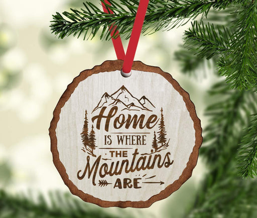 Andaz Press Real Wood Rustic Christmas Ornament, Engraved Wood Slab, Home is Where The Mountains are-Set of 1-Andaz Press-Home is Where The Mountains are-