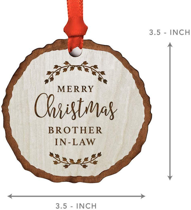 Andaz Press Real Wood Rustic Christmas Ornament, Engraved Wood Slab, Merry Christmas Brother-in-Law, Rustic Laurel Leaves-Set of 1-Andaz Press-Merry Christmas Brother-in-Law Rustic Laurel Leaves-