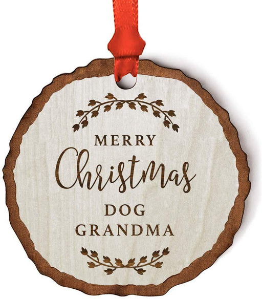 Andaz Press Real Wood Rustic Christmas Ornament, Engraved Wood Slab, Merry Christmas Dog Grandma, Rustic Laurel Leaves-Set of 1-Andaz Press-Merry Christmas Dog Grandma Rustic Laurel Leaves-