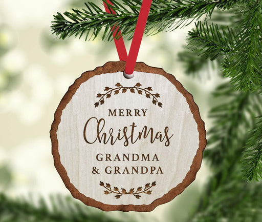 Andaz Press Real Wood Rustic Christmas Ornament, Engraved Wood Slab, Merry Christmas Grandma & Grandpa, Rustic Laurel Leaves-Set of 1-Andaz Press-Merry Christmas Grandma & Grandpa Rustic Laurel Leaves-