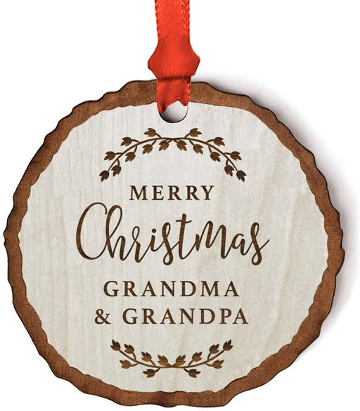 Andaz Press Real Wood Rustic Christmas Ornament, Engraved Wood Slab, Merry Christmas Grandma & Grandpa, Rustic Laurel Leaves-Set of 1-Andaz Press-Merry Christmas Grandma & Grandpa Rustic Laurel Leaves-