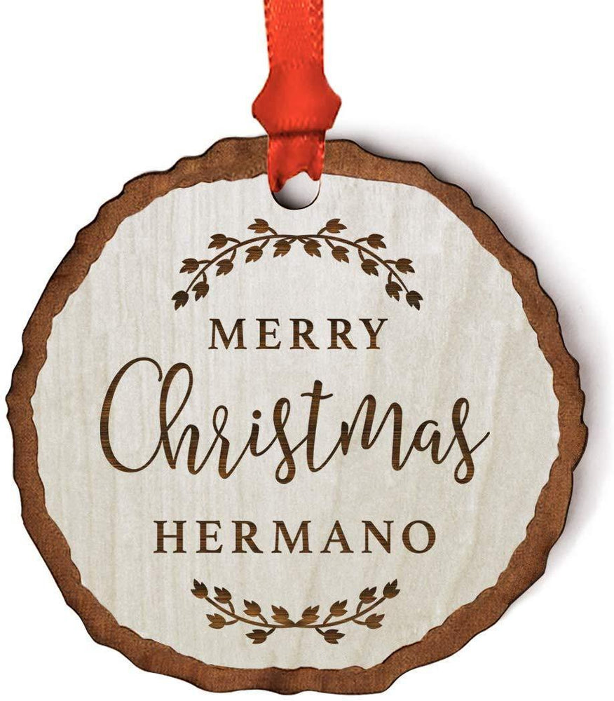 Andaz Press Real Wood Rustic Christmas Ornament, Engraved Wood Slab, Merry Christmas Hermano, Rustic Laurel Leaves-Set of 1-Andaz Press-Merry Christmas Hermano Rustic Laurel Leaves-