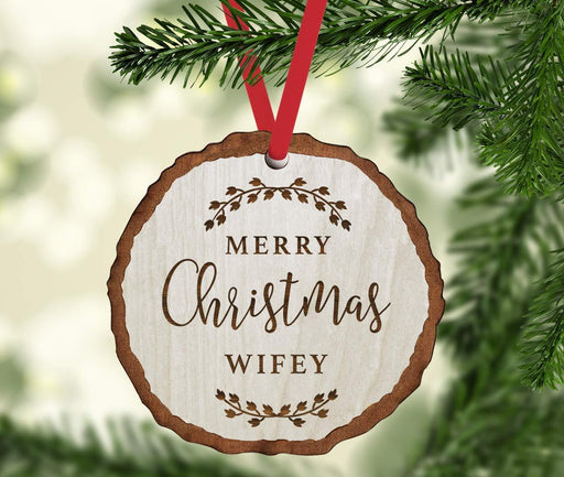 Andaz Press Real Wood Rustic Christmas Ornament, Engraved Wood Slab, Merry Christmas Wifey, Rustic Laurel Leaves-Set of 1-Andaz Press-Merry Christmas Wifey Rustic Laurel Leaves-