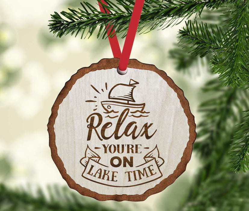 Andaz Press Real Wood Rustic Christmas Ornament, Engraved Wood Slab, Relax You're on Lake Time-Set of 1-Andaz Press-Relax You're on Lake Time-