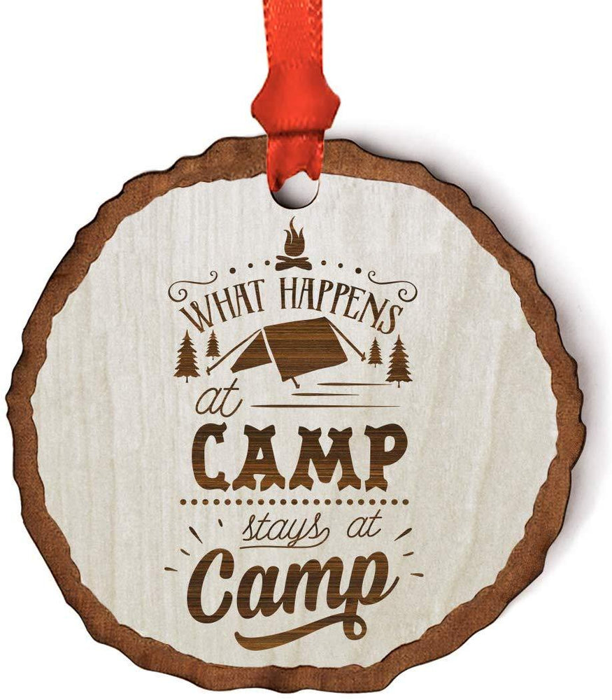 Andaz Press Real Wood Rustic Christmas Ornament, Engraved Wood Slab, What Happens at Camp Stays at Camp-Set of 1-Andaz Press-What Happens at Camp Stays at Camp-