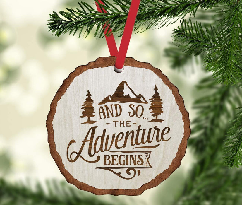 Andaz Press Real Wood Rustic Christmas Ornament, Engraved Wood Slab, and so The Adventure Begins-Set of 1-Andaz Press-and so The Adventure Begins-