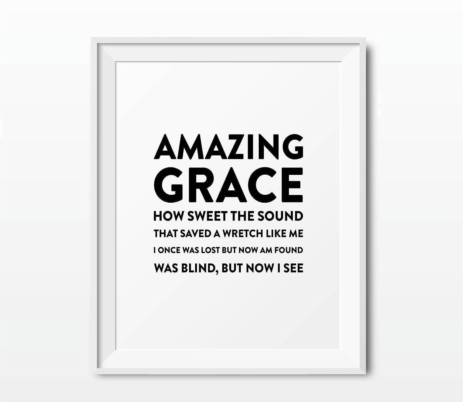 Bible Verses Religious Wall Art, Modern Black and White-Set of 1-Andaz Press-Amazing Grace Hymn, Short Version-