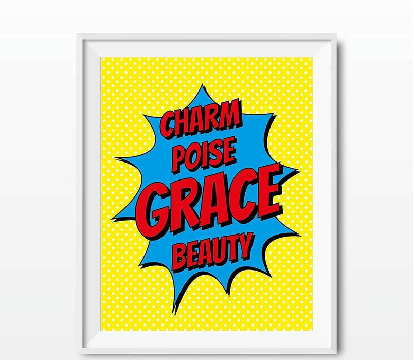 Bible Verses Religious Wall Art, Superhero Pop Art-Set of 1-Andaz Press-Charm Poise Grace Beauty-