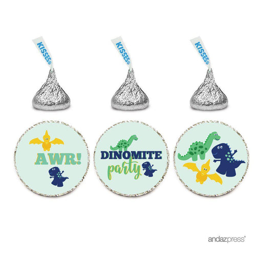 Birthday Hersheys Kisses Stickers-Set of 216-Andaz Press-Dinosaurs Yellow Green Navy Blue-