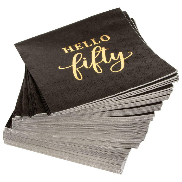 Black with Real Gold Foil Scripted Hello Fifty Cocktail Napkins-Set of 100-Andaz Press-