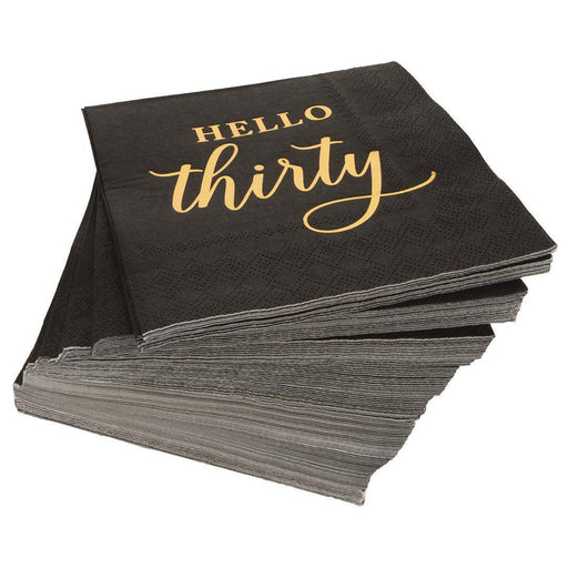 Black with Real Gold Foil Scripted Hello Thirty Cocktail Napkins-Set of 100-Andaz Press-