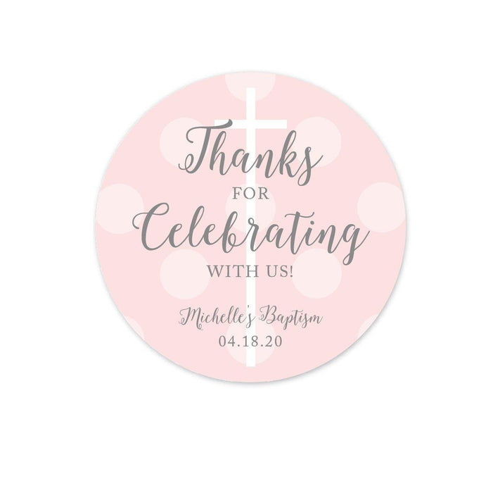 Blush Pink and Gray Baby Girl Baptism Personalized Round Circle Label Stickers, Thanks for Celebrating with US-set of 40-Andaz Press-