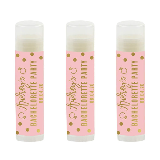 Blush Pink and Metallic Gold Confetti Polka Dots Bachelorette Collection, Personalized Lip Balm Favors, Custom Name and Date-Set of 12-Andaz Press-