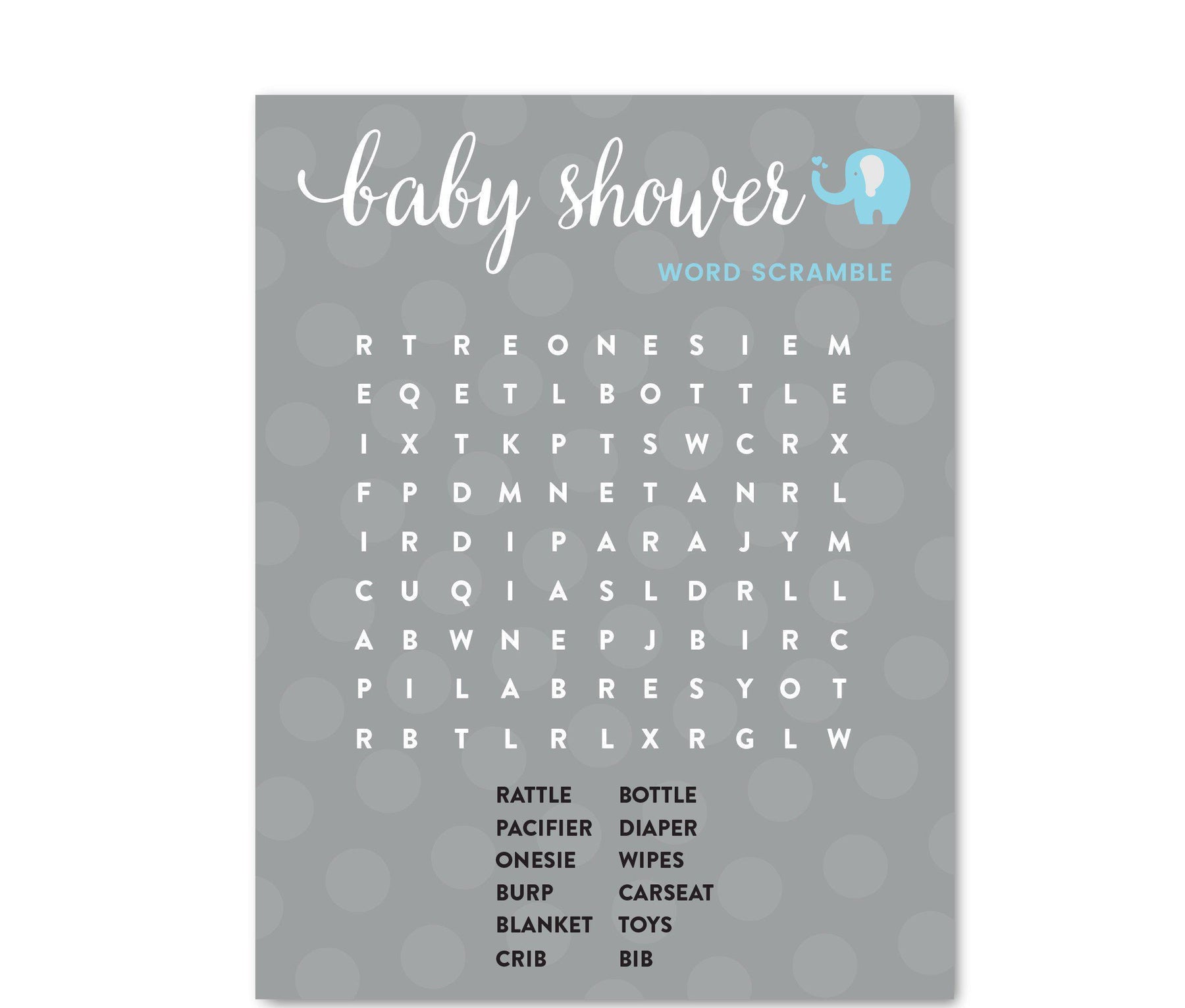 Boy Elephant Baby Shower Games & Fun Activities-Set of 20-Andaz Press-Word Search-