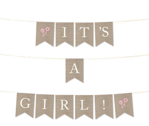 Burlap Baby Shower Pennant Party Banner-Set of 1-Andaz Press-It's A Girl!-