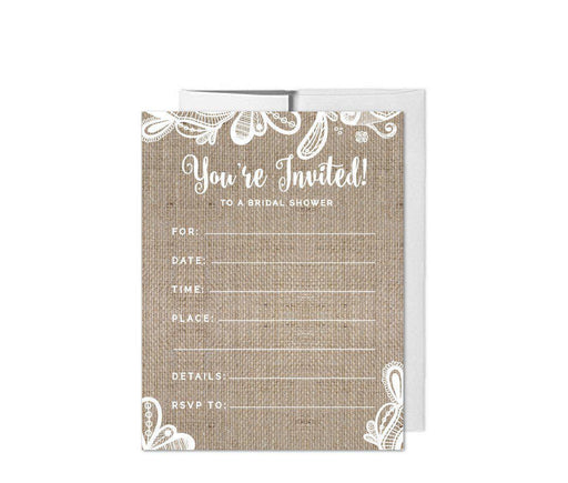 Burlap Lace Wedding Blank Bridal Shower Invitations with Envelopes-Set of 20-Koyal Wholesale-