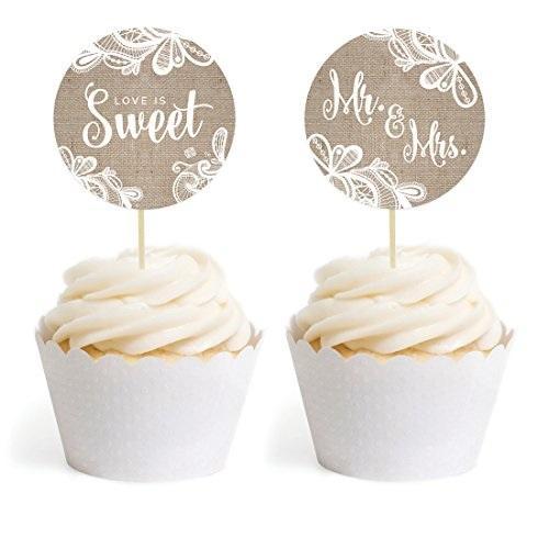 Burlap Lace Wedding Cupcake Topper DIY Party Favors Kit-Set of 20-Andaz Press-