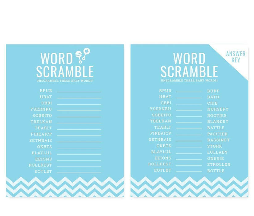 Chevron Baby Shower Games & Fun Activities-Set of 30-Andaz Press-Baby Blue-Word Scramble Game-