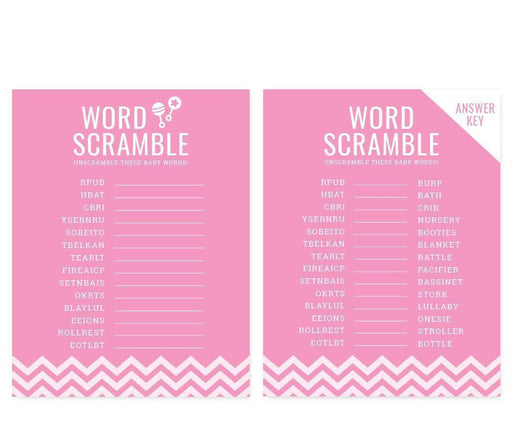 Chevron Baby Shower Games & Fun Activities-Set of 30-Andaz Press-Bubblegum Pink-Word Scramble Game-