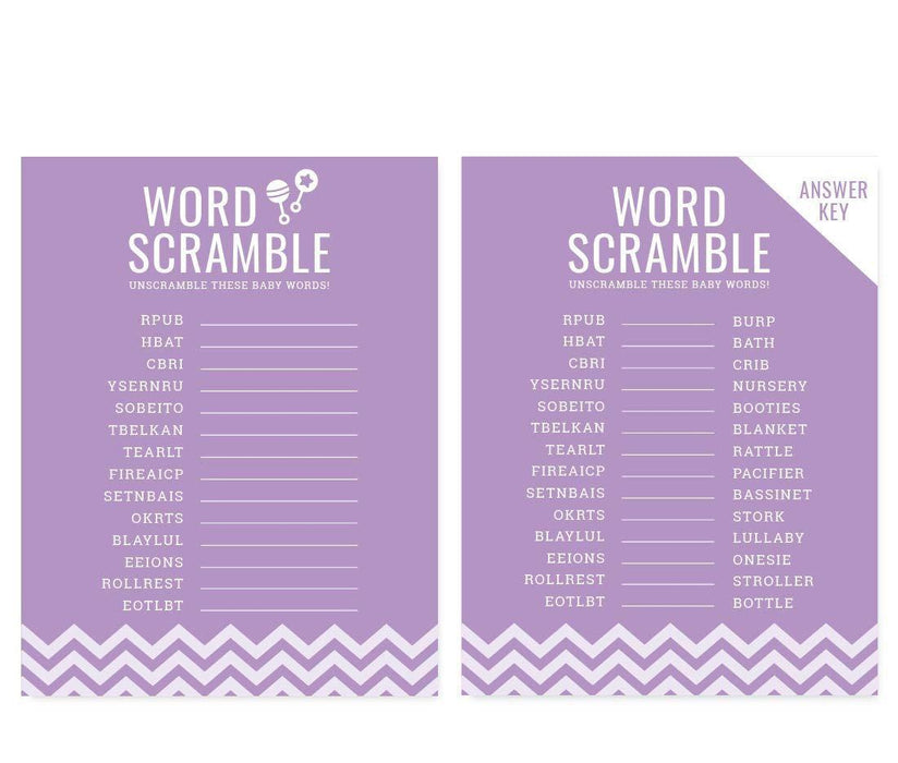 Chevron Baby Shower Games & Fun Activities-Set of 30-Andaz Press-Lavender-Word Scramble Game-