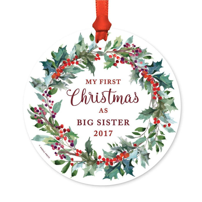 Custom Family Metal Christmas Ornament, Our First Christmas, Red Holiday Wreath, Includes Ribbon and Gift Bag, Year-Set of 1-Andaz Press-Big Sister-